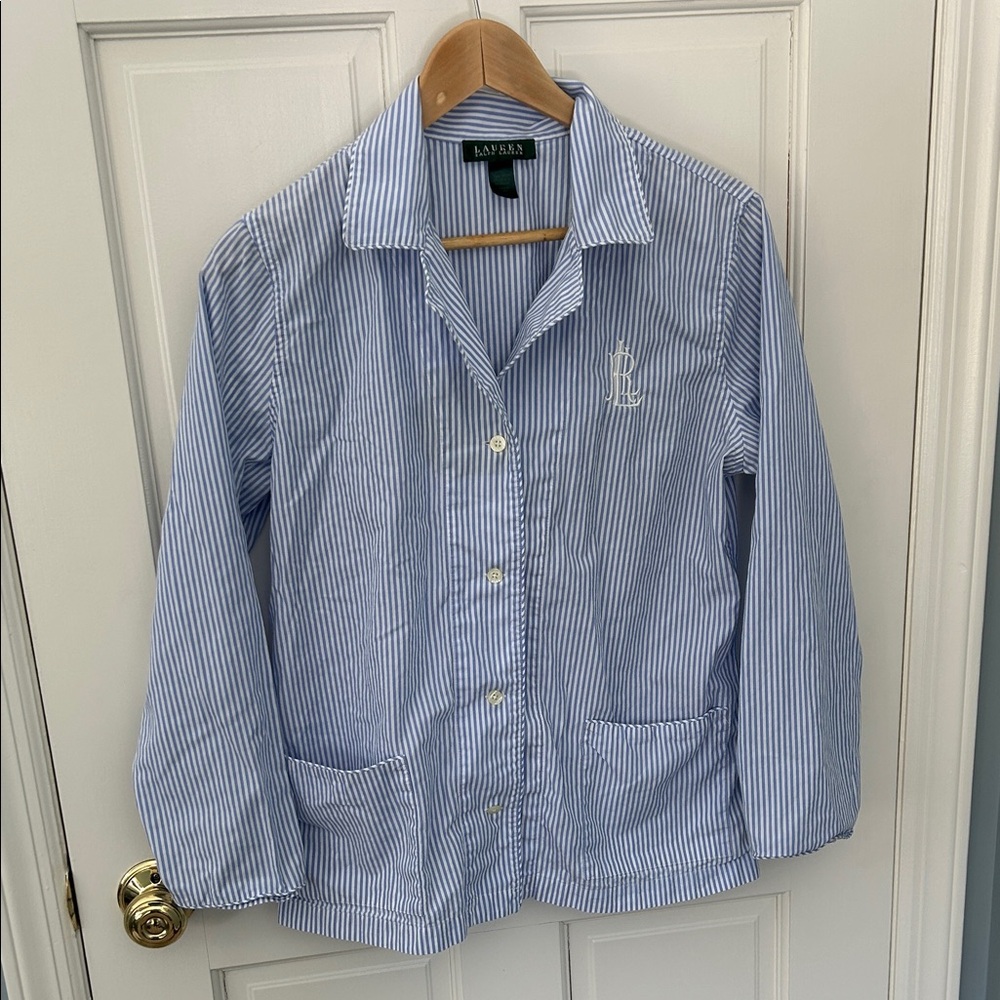 Lauren Ralph Lauren Light Blue Striped Pajama Top Shirt, M 100% cotton